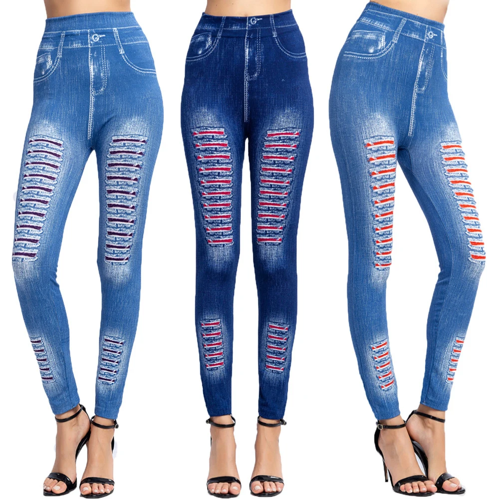 Generic Printed Imitation Denim Leggings For Women Outer Wear Thin Fleece  Woman Split Jeans High Elastic Skinny Stretch Trousers